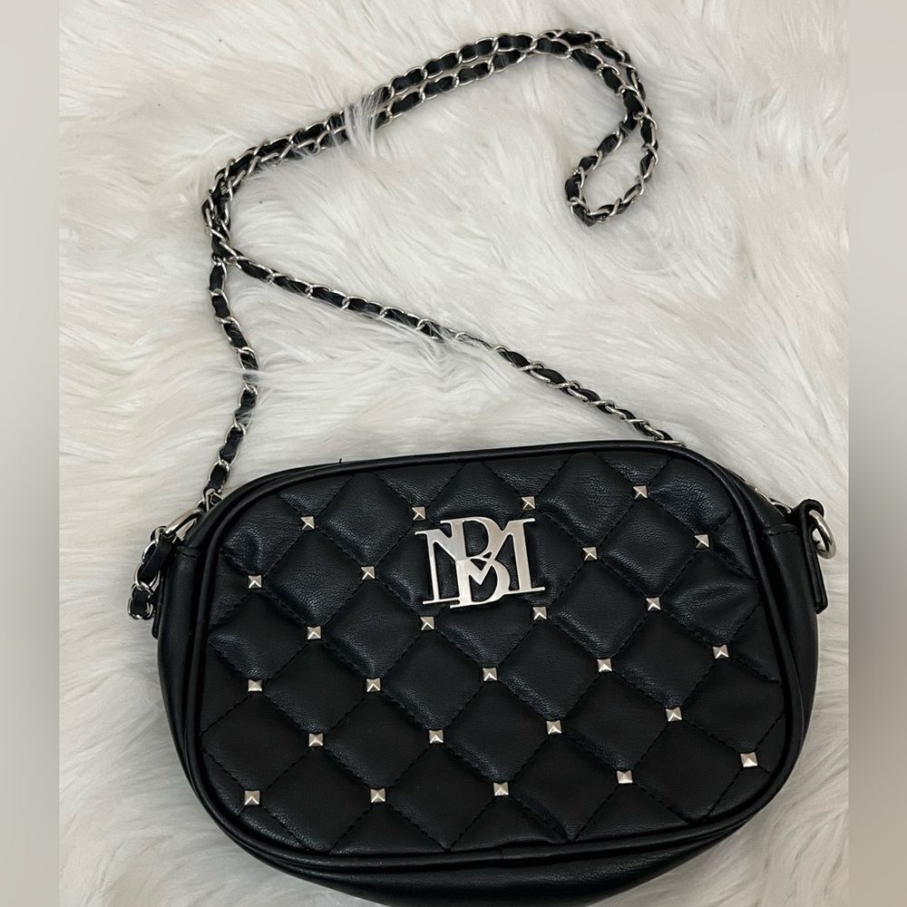 Badgley Mischka Black Diamond Quilted Studded Crossbody Purse  Chain Strap